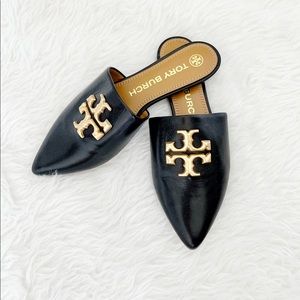 Tory Burch Eleanor black and gold leather mules, size 6.5, NWT
